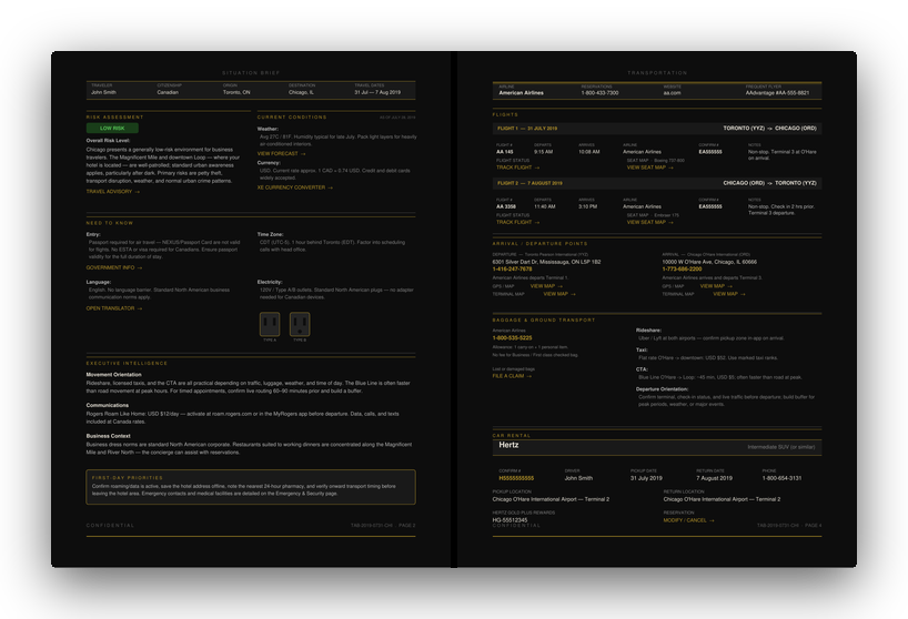 Sample dossier spread with fictional itinerary data